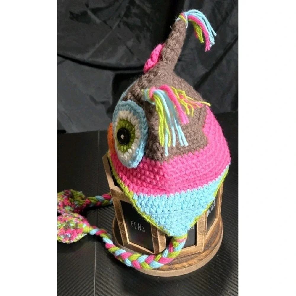 Hand Crocheted Owl Infant Cap Beanie Braided Ear Flaps Button‎ Eyes Toddler